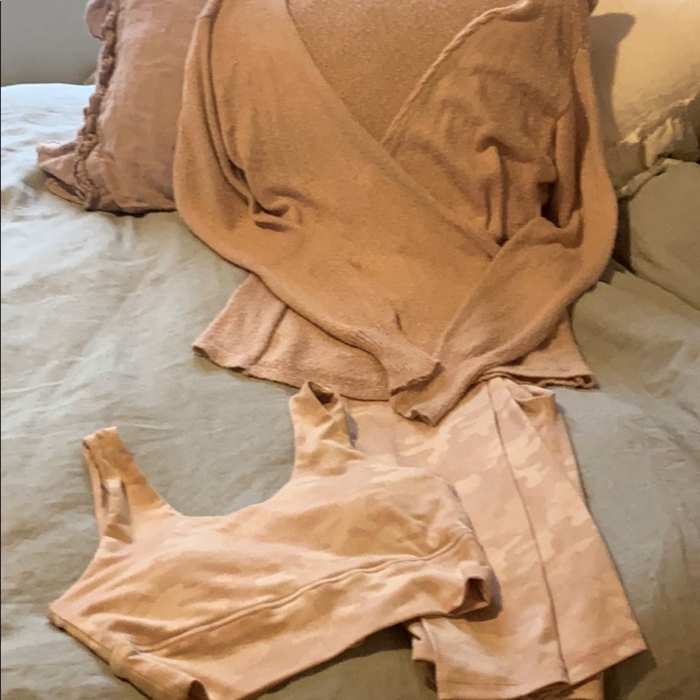 Soybu leggings, jog bra and wrap front sweater